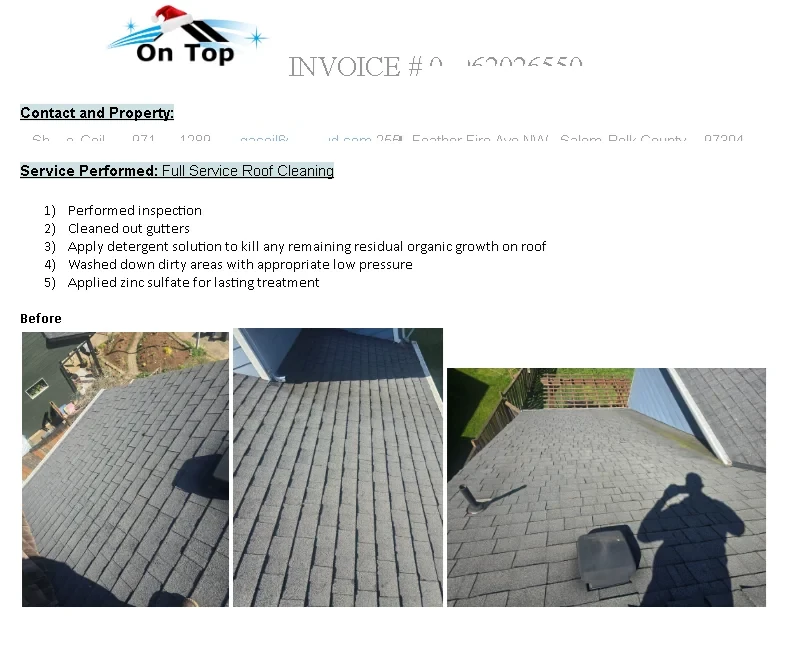 Sample OTHS invoice — full service roof cleaning documentation with before photos