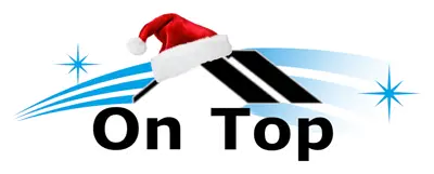 A black and white logo with a santa hat.